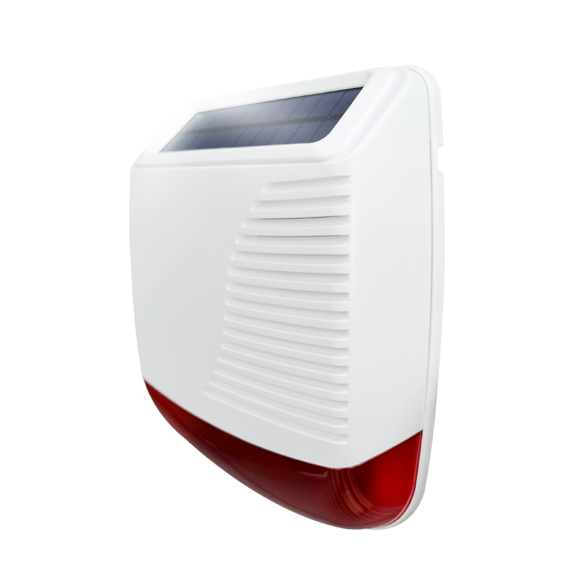 Sirena solare da esterno wireless ibrida 110dB con pannello fotovoltaico e ricarica anche tramite alimentatore.